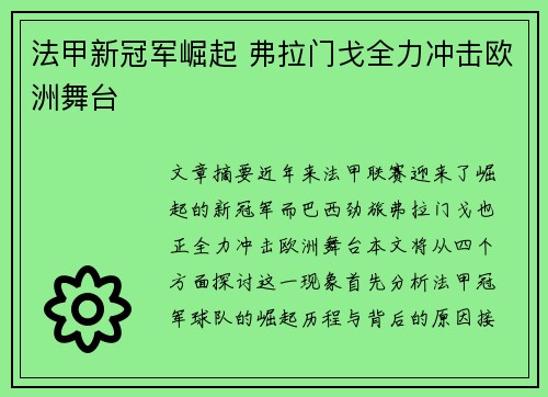 法甲新冠军崛起 弗拉门戈全力冲击欧洲舞台